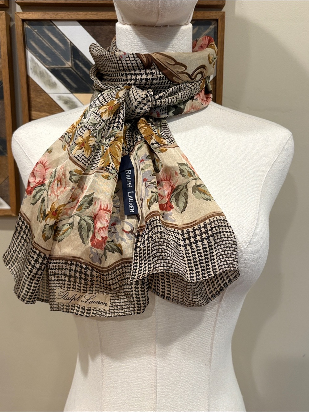 Vintage Ralph Lauren Houndstooth Glen Plaid Floral Long Silk Scarf Shawl - Picture 4 of 13